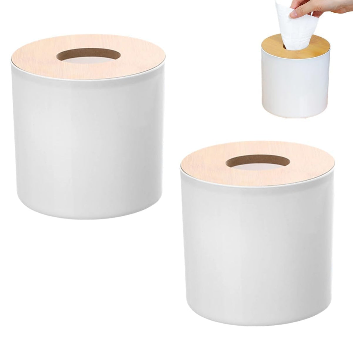 2PCS Tissue Box Cover, Toilet Paper Storage with Lid Round Toilet Paper Roll Cover Wooden Dispenser for Bathroom Kitchen (Black)