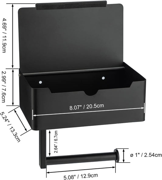 Matte Black Toilet Paper Holder Tissue Roll Hanger with Shelf Flushable Wipes Dispenser Storage Box Large Stainless Steel Bathroom Lavatory Hardware Wall Mount Adhesive