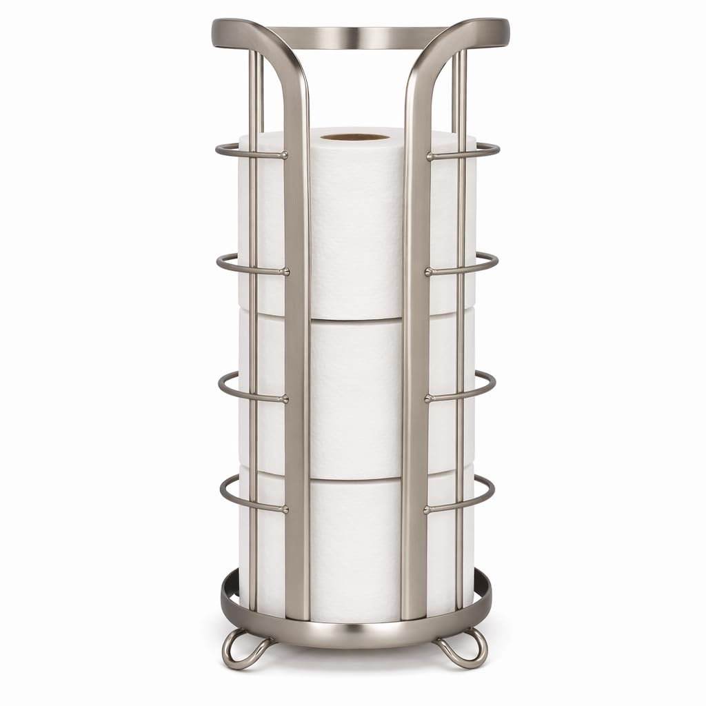 BROOKSTONE Over the Toilet Paper Holder Reserve - Toilet Paper Holder with Storage, Bathroom Toilet Paper Organizer, Metal Toilet Paper Roll Holder Fits Any Size Rolls - Matte White