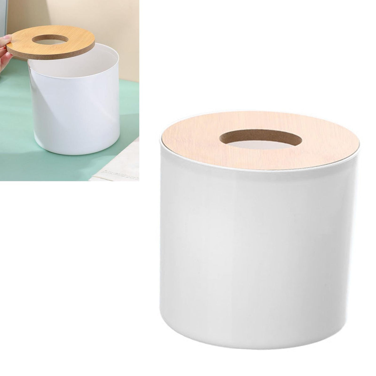 Round Tissue Box Holder with Wood Lid, Decorative Toilet Paper Roll Dispenser & Cover for Bathroom, Living Room - Stylish Storage Organizer (White)