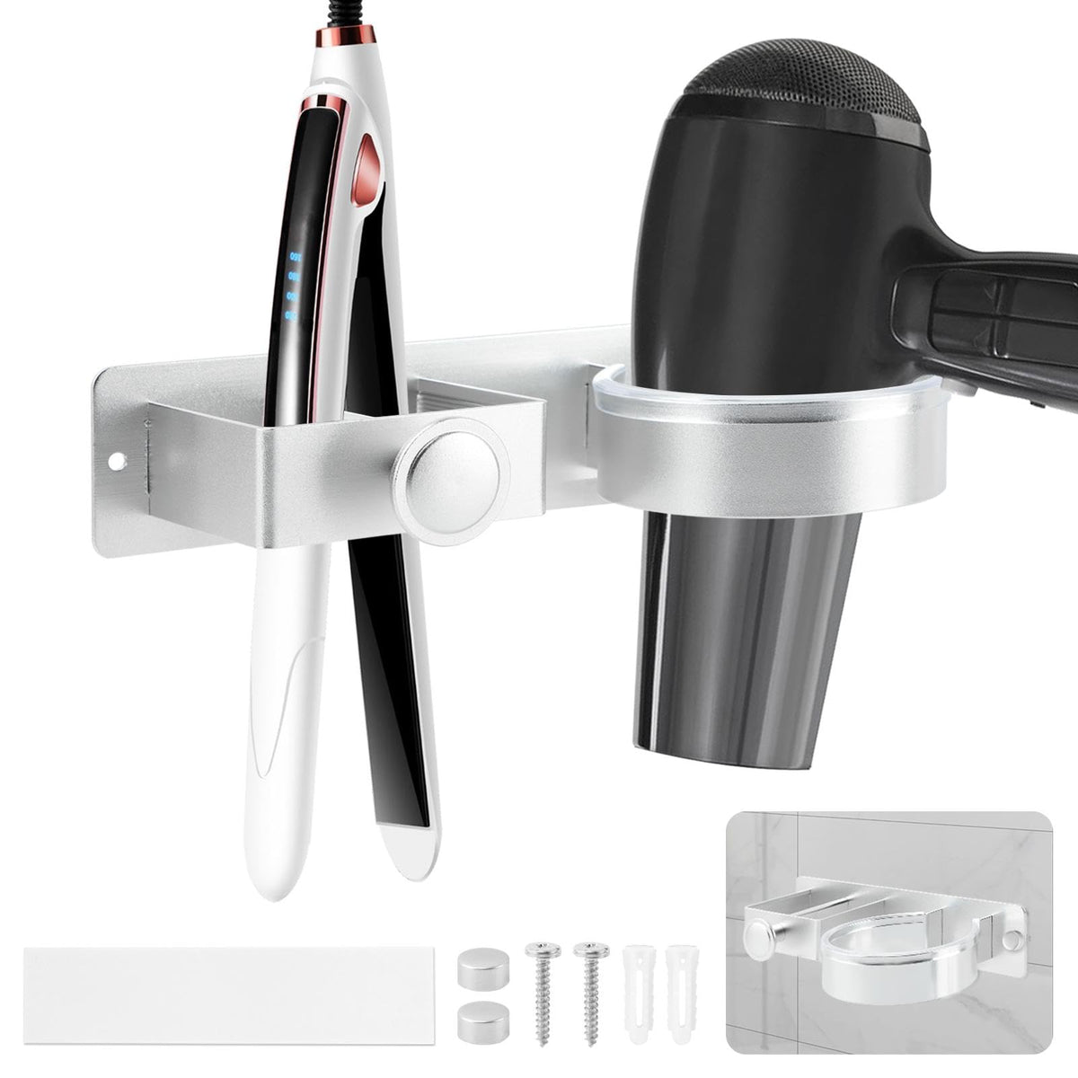 Hair Dryer Holder Wall Mounted, 2 in 1 Blow Dryer & Straightener Holder