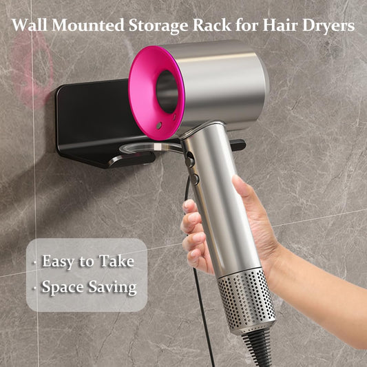 Universal Hair Dryer Holder - Wall Mounted Storage Rack for Hair Dryers, No Punching, with Plug and Power Cord Organizer, Self Adhesive for Cabinet Bathroom (Black)