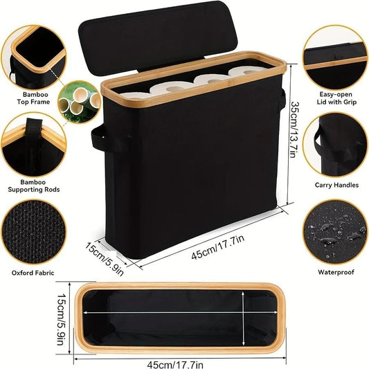 SENMOK 12-Roll Toilet Paper Storage with Lid, Bamboo Frame(Black)