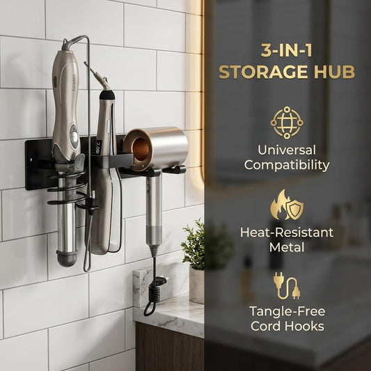 3-in-1 Wall Mount Hair Tool Organizer Hair Dryer Holder, Black