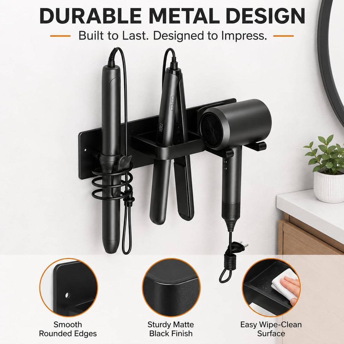 Hair Dryer Holder Wall Mount, 3 in 1 Hair Tool Organizer for Bathroom with Curling Iron & Flat Iron Holders, Blow Dryer Holder for Hairs Tool Storage, Black