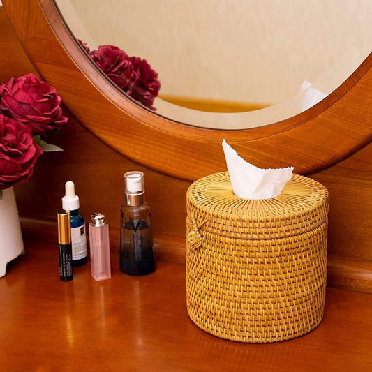 2Pcs Rattan Tissue Box Toilet Paper Cover Wicker Decorative Holders with Lid for Storage Single Roll and Tissues