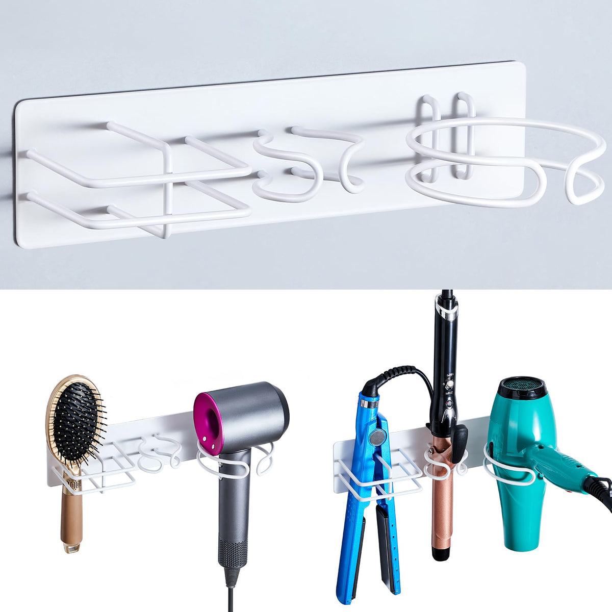 Blow Dryer Holder Wall Mounted Curling Iron Holder, 3 in 1 Hair Tool Organizer for Straightener, Curling Iron, Hair Dryer Holder Adhesive Flat Irons Storage for Bathroom Barber Shop (Black)