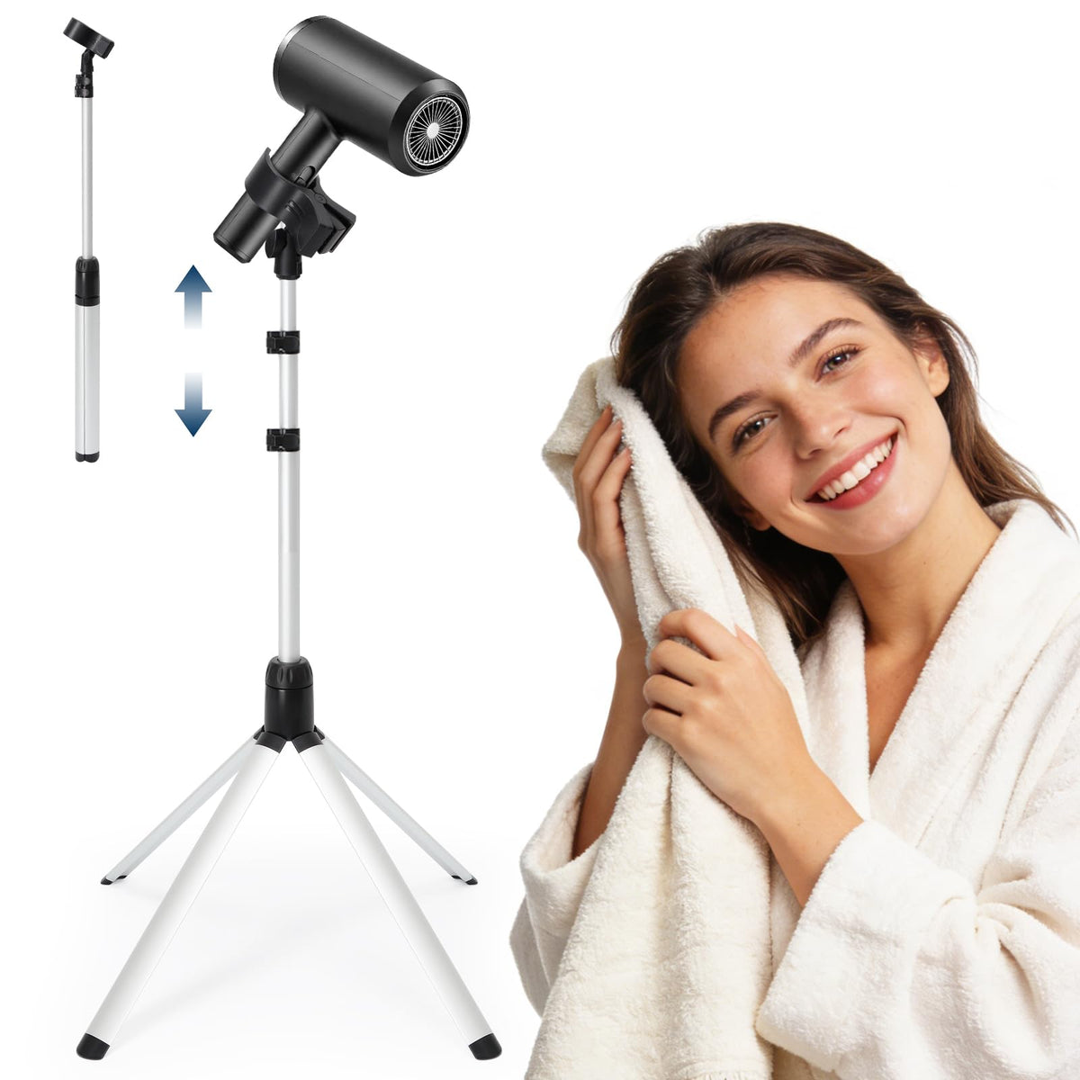 Adjustable Hair Dryer Stand, 29-59 Inch Hair Dryer Holder with Tripod and Universal Clip, 360-Degree Rotating Blow Dryer Stand for Bathroom, Vanity, Makeup Roo, black