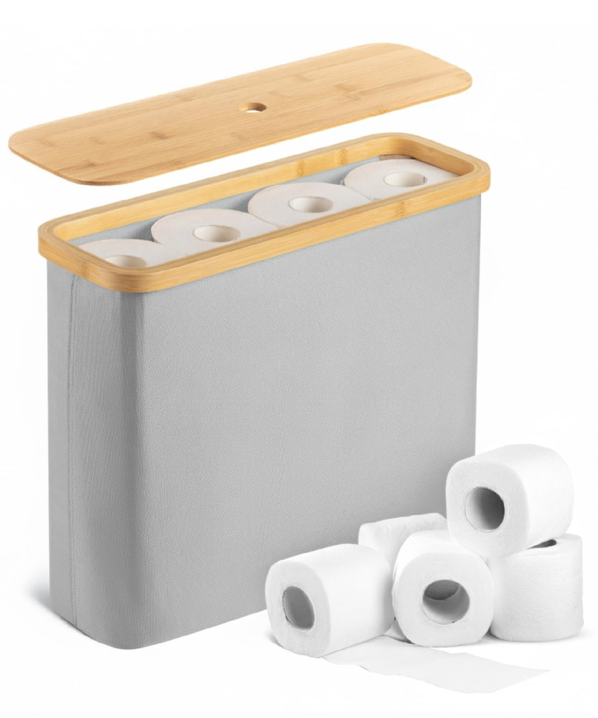 BAMBOO LAND- Toilet Paper Storage with Bamboo Lid for 12 Rolls, Beige, Waterproof Bamboo Toilet Paper Holder Basket