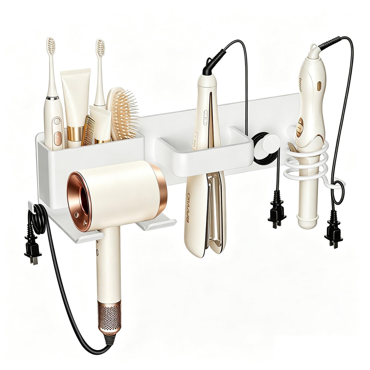 No-Drill Hair Dryer Holder Wall Mount with Storage Compartment for Bathroom