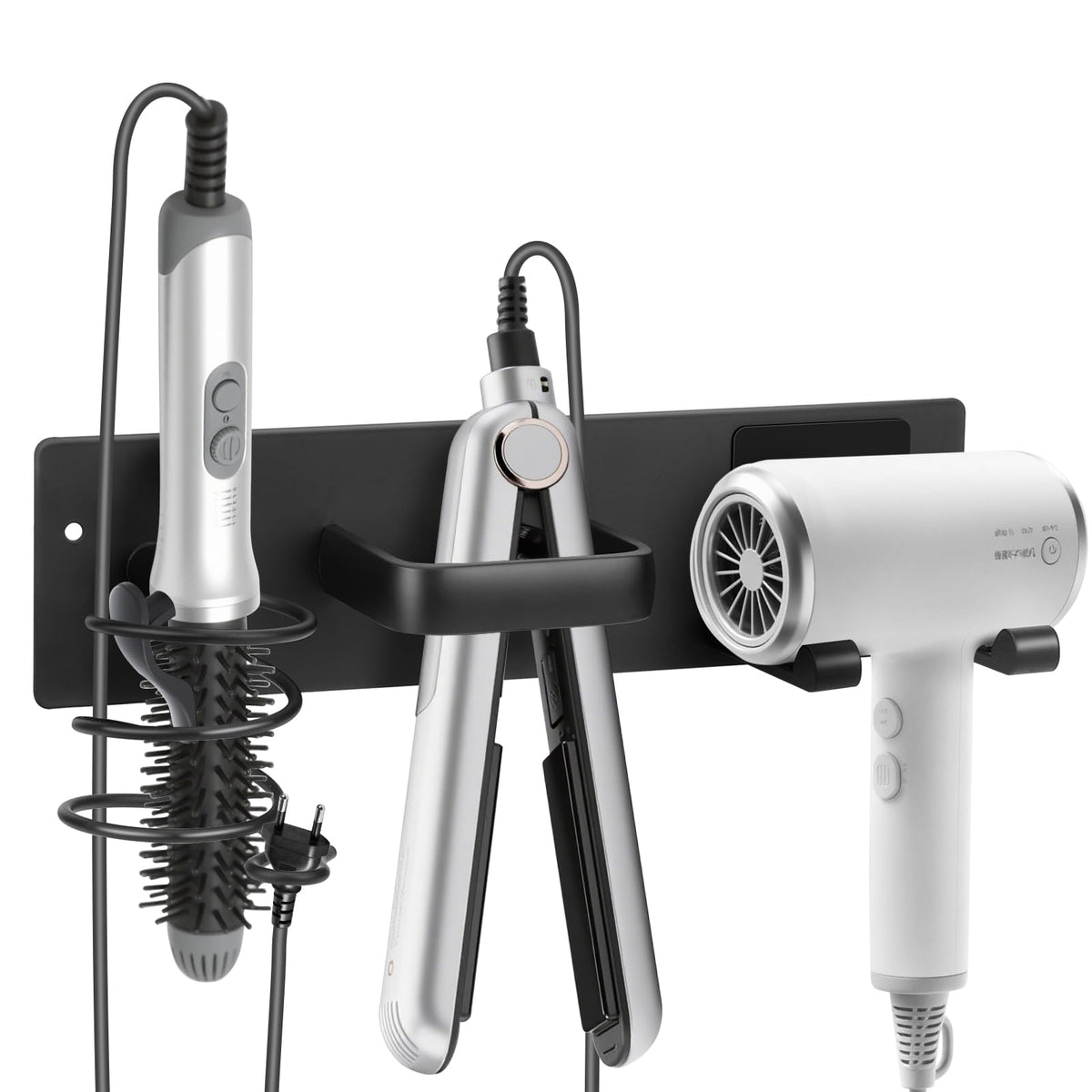 Hair Tool Organizer Wall Mount, Aluminum Hair Dryer Holder and Curling Iron Rack with Hooks, Space Saving Bathroom Hair Styling Tool Storage for Blow Dryer, Flat Iron, Curling Tools (Hook)
