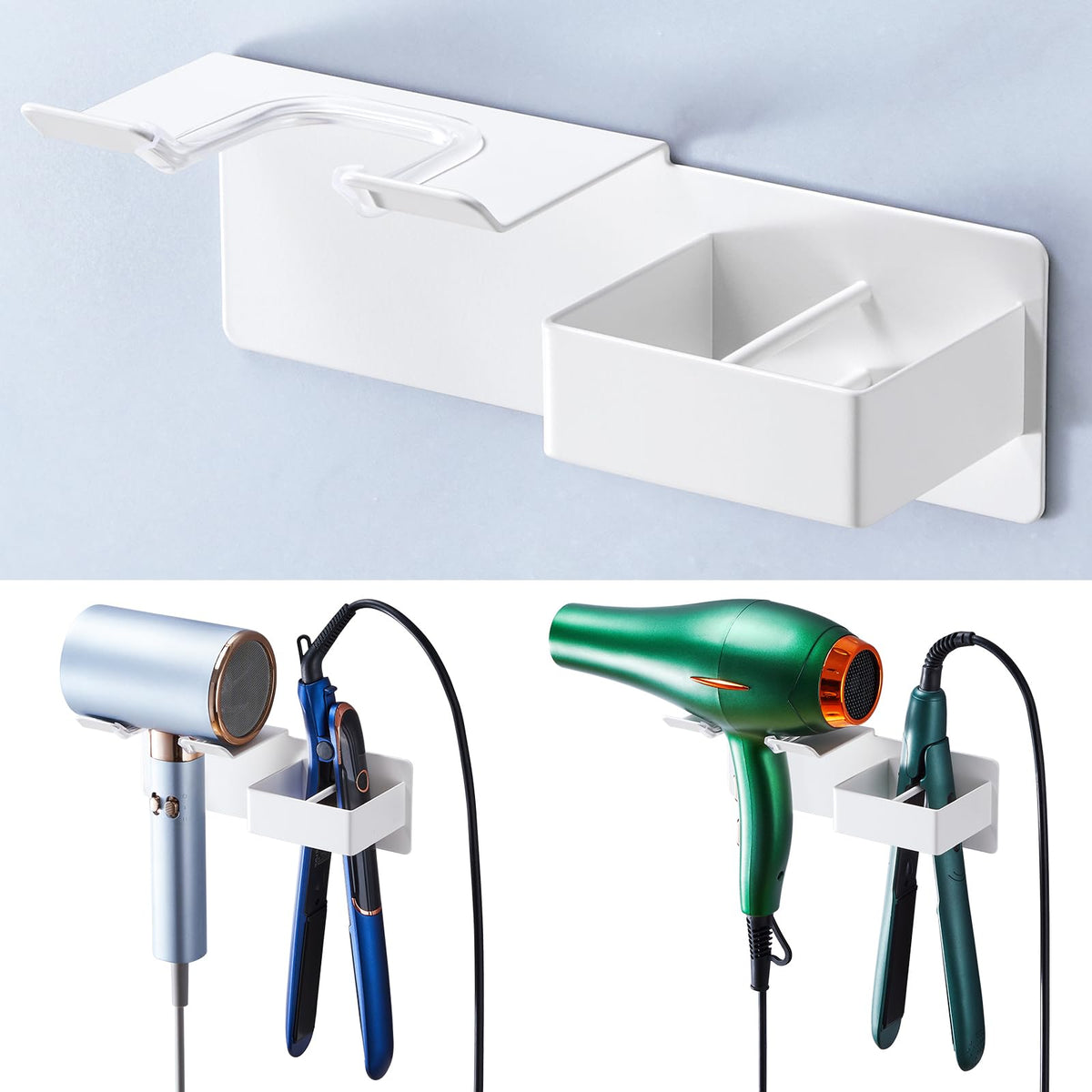 Hair Dryer and Straightener Holder Wall Mounted, Metal Adhesive Hair Tool Organizer for Blow Dryer, Curling Iron, Flat Iron, Bathroom Vanity Salon Barber Shops (Silver)