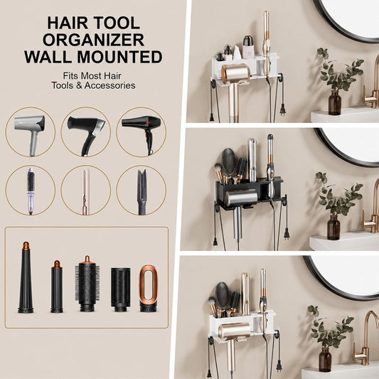Hair Dryer Holder Hot Tools Organizer, Blow Dryer Holder Wall Mount, Bathroom Hair Tool Organizer Rack for Universal Dryer Black