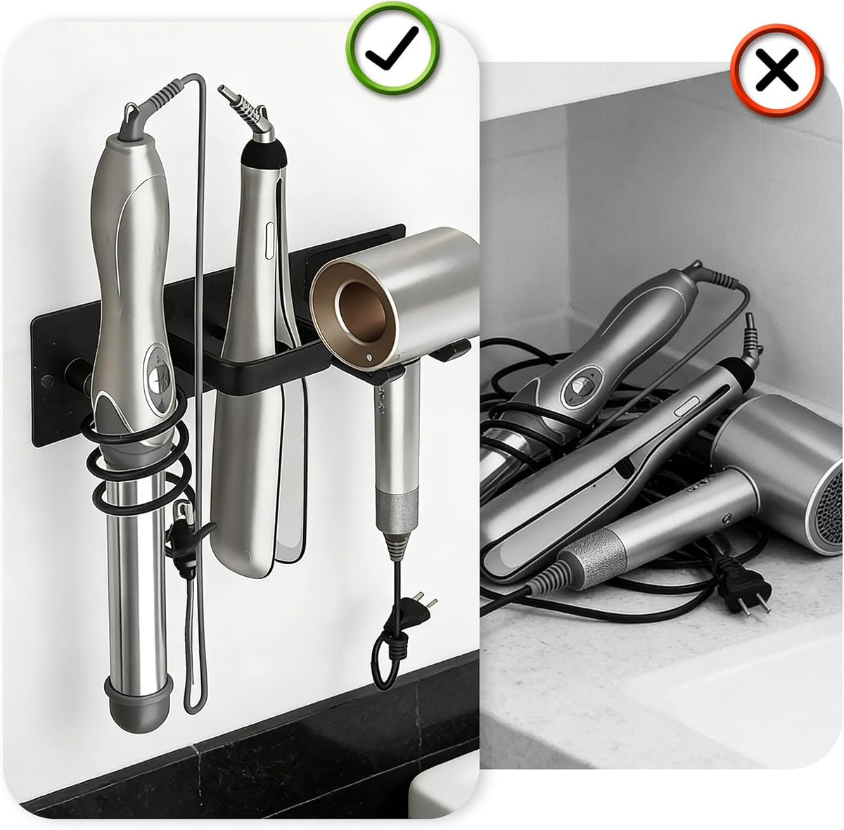 Penitue 3 in 1 Hair Tool Organizer Wall Mount, Space Aluminum Hair Dryer Holder Curling Iron & Straightener Holder Rack Flat Iron Storage Wall Mounted Blow Hot Tool Stand for Bathroom Vanity or Salon