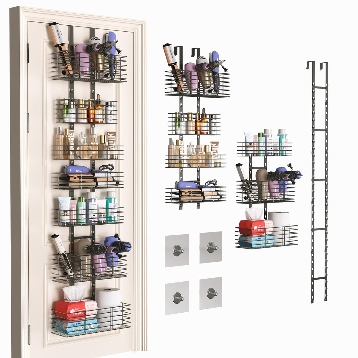 Yuyetuyo 5-Tier Over The Door Organizer Bathroom - Hair Dryer Holder - Hair Tool Organizer Adjustable Height, DIY Bathroom Storage Shelf Wall Mounted for Flat/Curling Irons, Straighteners, Skincare