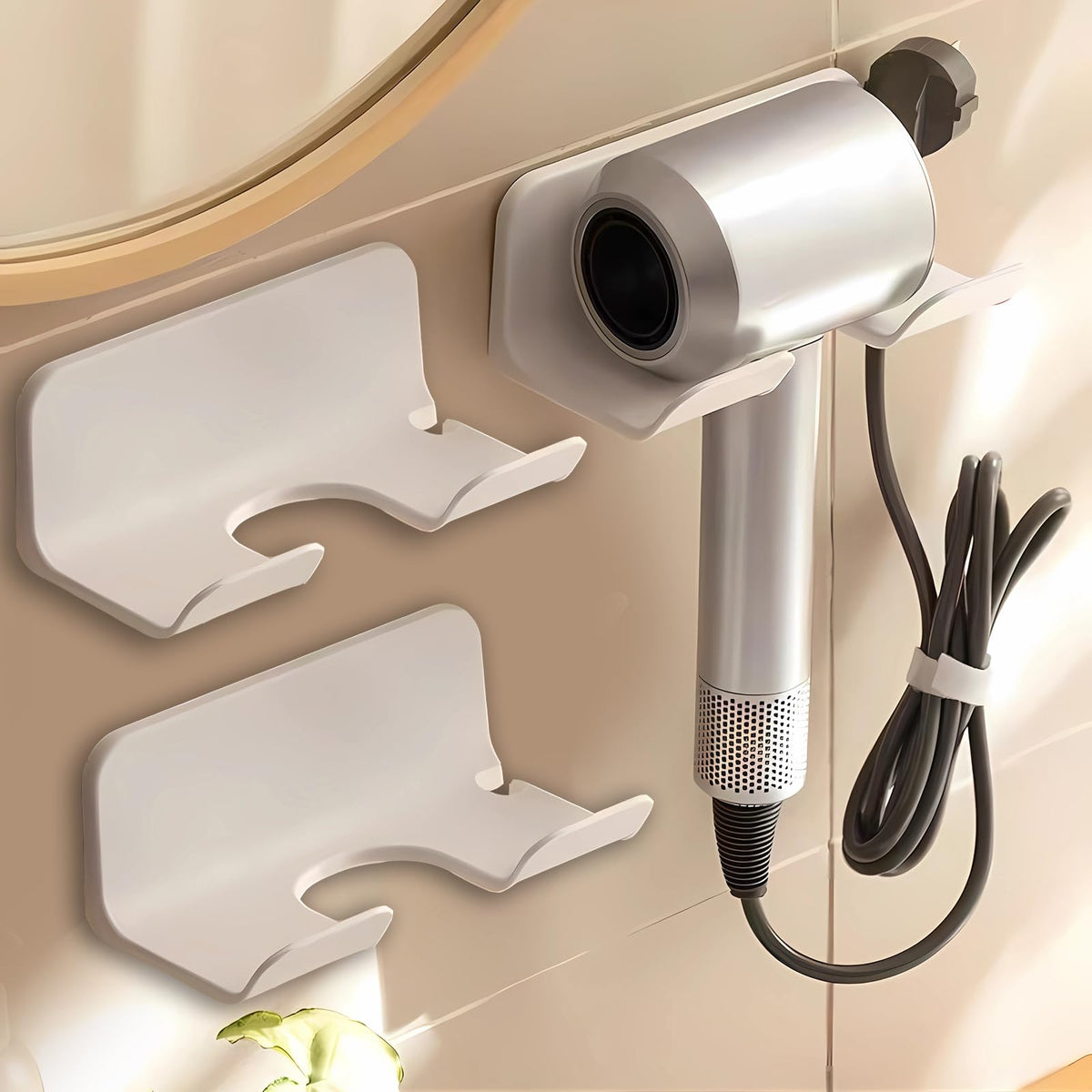 Universal Hair Dryer Holder, Blow Dryer Hanger Wall Mount for Hair Dryer Hook with Plug&Cord Organizer Self Adhesive for Cabinet Bathroom(1 Pack Black)