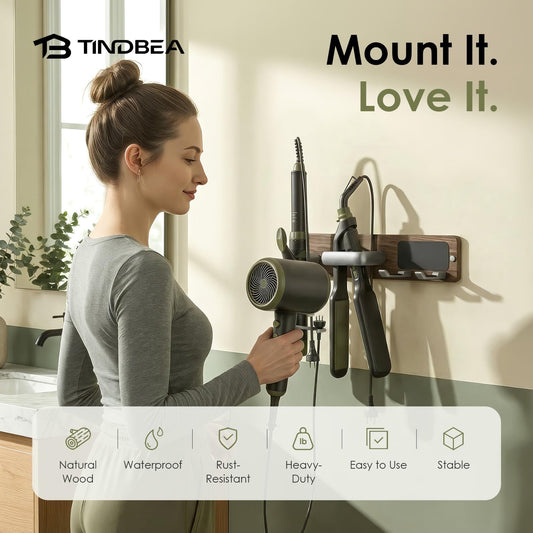 Tindbea Upgraded Walnut Hair Dryer Holder Wall Mounted,3-in-1 Hair Tool Organizer for Blow Dryer, Curling iron, and Straightener, Blow Dryer Holder for Bathroom, Vanity, Brushed Nickel