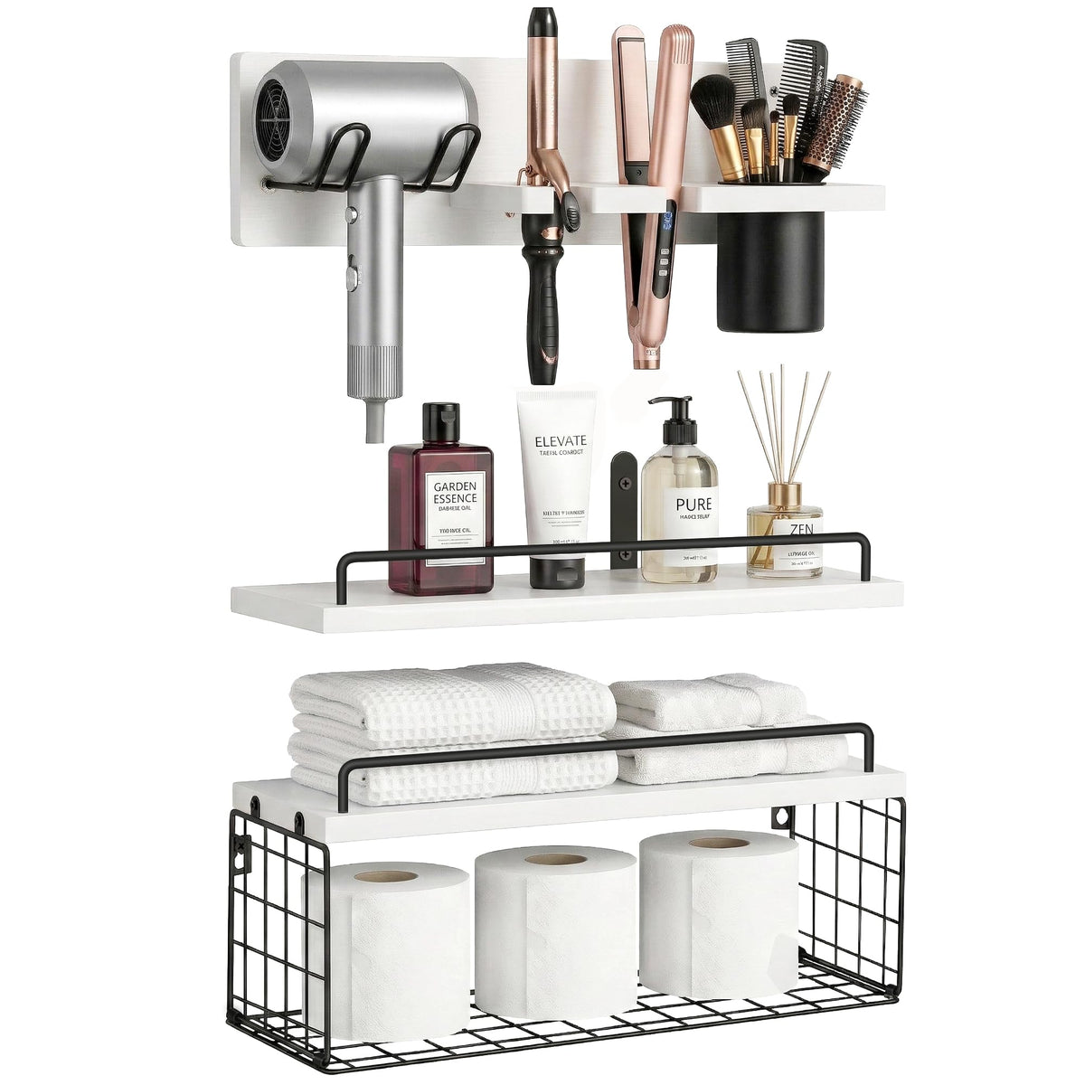 3-Tier Bathroom Floating Shelves with Hair Dryer Holder, Brown