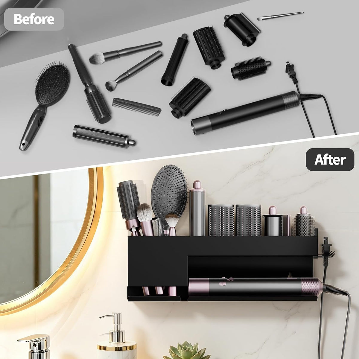 Hair Tool Organizer Wall Mount, Metal Curling Iron Accessories Rack Bracket Stand, Storage Rack Tool for Bathroom Shelf Organizer Black