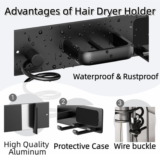 Hair Dryer Holder Wall Mounted Blow Dryer Holder Curling Iron Holder Straightener Holder 3 in 1 Bathroom Metal Hair Tool Organizer Rack(Matte Black)