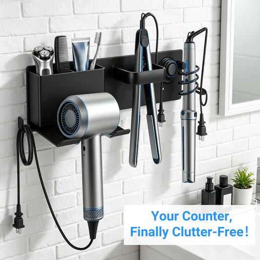 Hair Dryer Holder Wall Mount with 2 Storage Compartments, Aerospace Aluminum Blow Dryer Curling Iron Flat Iron Holder, No Drill Adhesive Bathroom Hair Tool Organizer, Heat Resistant (Black)