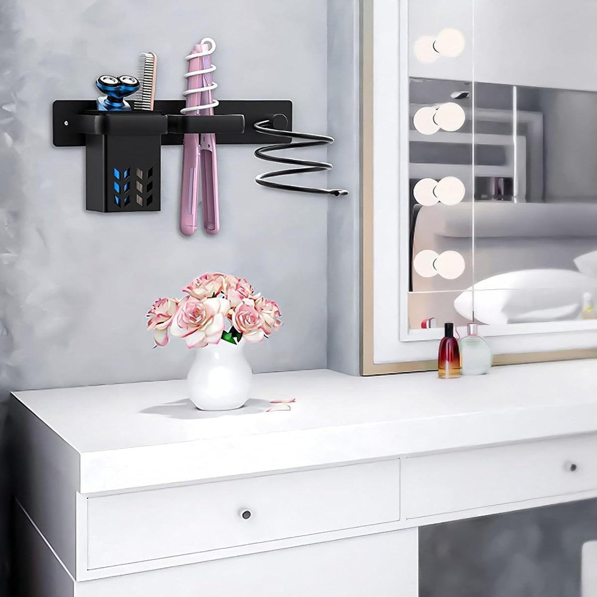Hair Dryer Holder Wall Mounted Bathroom Blow Dryer Rack Organizer, Black