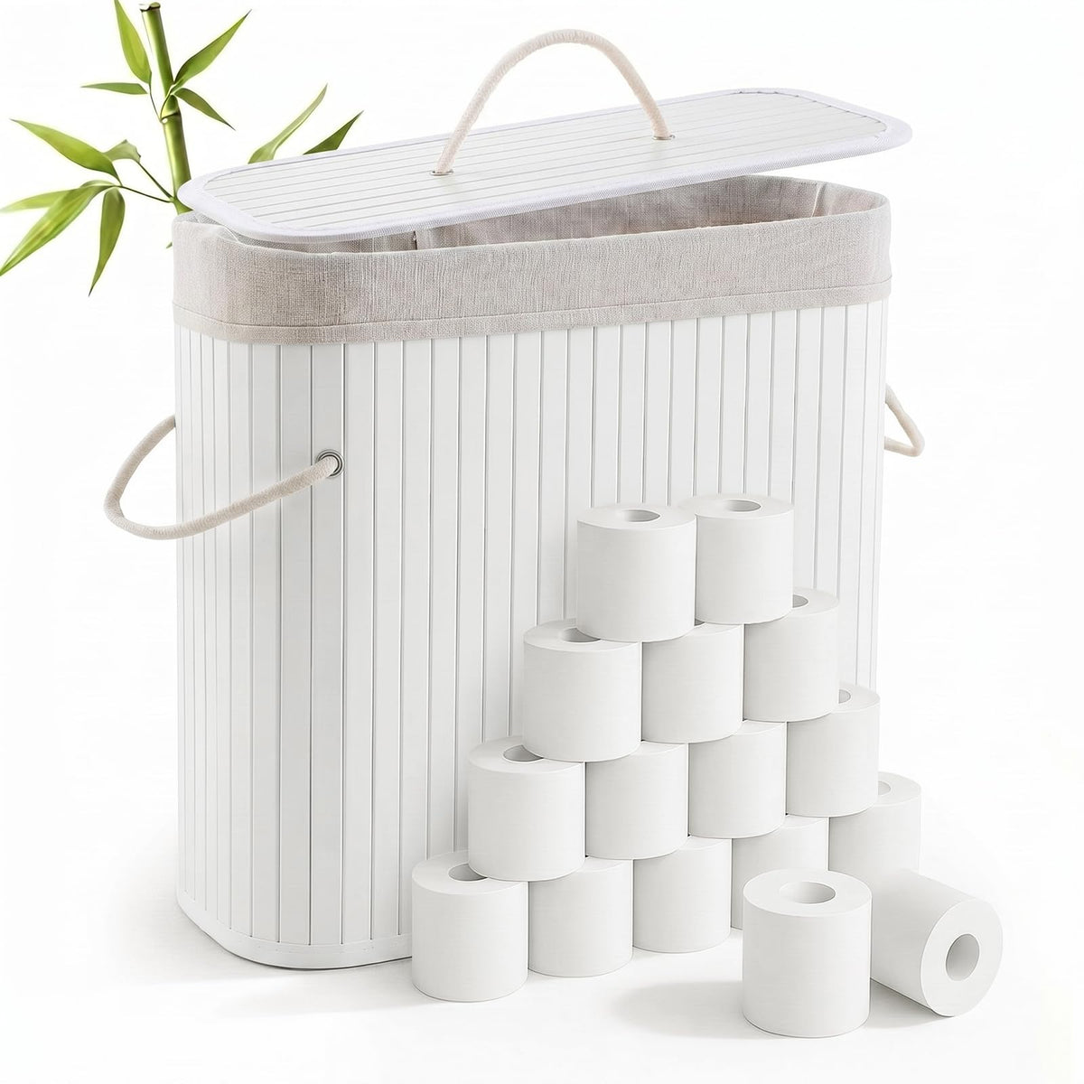 Leinuosen Bamboo Toilet Paper Storage Basket with Lid, Beige, Regular