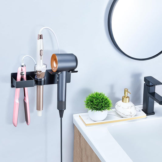 Hair Dryer Holder Wall Mount Curling Iron Holder Flat Iron Holder, Blow Dryer Holder Wall, 3 in 1 Bathroom Hair Tool Organizer Rack for Universal Hairdryer Straightener Curlings (Black)