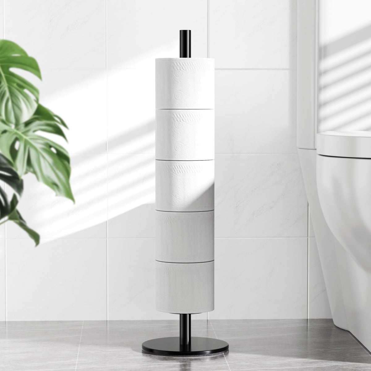 Freestanding Toilet Paper Holder with Shelf,5 Roll Storage,Matte Black