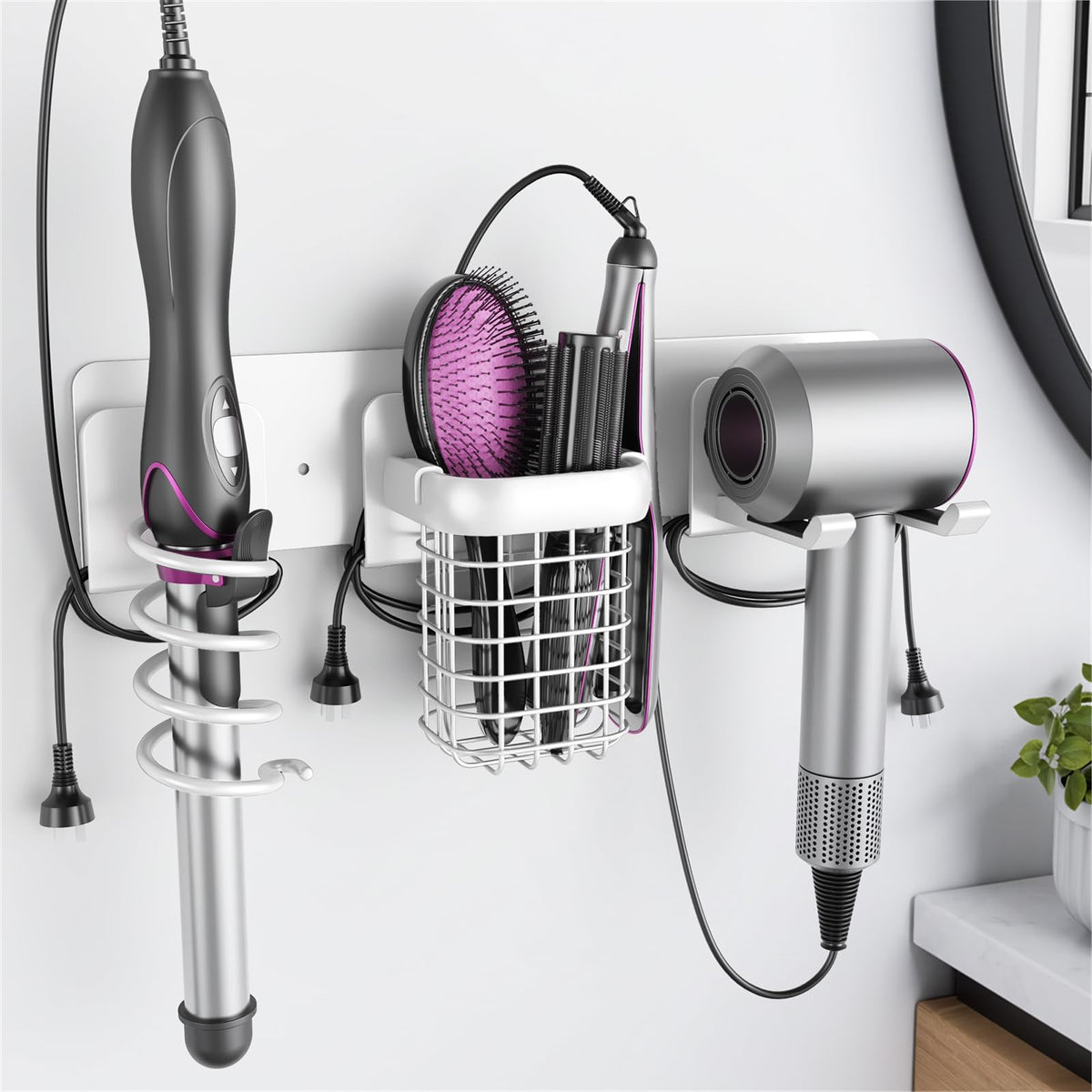 Tindbea Upgraded Aluminum Alloy Hair Dryer Holder Wall Mounted with Built-in Cord Wrap,3-in-1 Hair Tool Organizer for Blow Dryer, Curling Iron, and Straightener, Matte Black