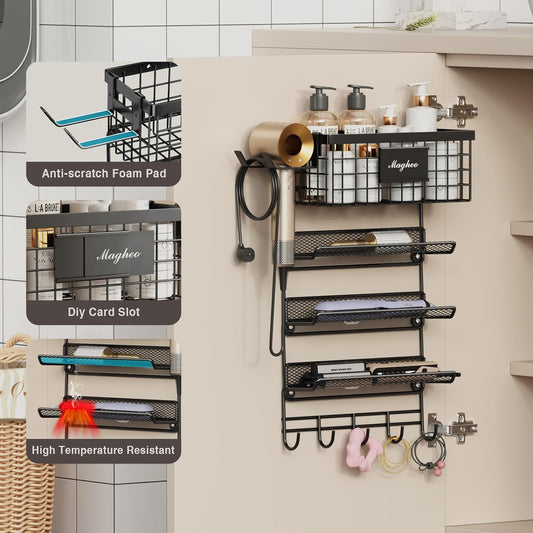 Magheo Hair Dryer Holder Wall Mounted, Adheisve Hair Tool Organizer for hair Brush/Appliance Wall Mount with 5 Tier Shelf Basket Hooks Blow Dryer and Straightener Holder for Bathroom(Black)