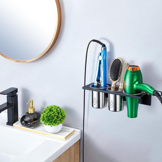 Wall Mount Hair Tool Organizer, 3-in-1 Blow Dryer Holder with 2 Cups for Curling Wand & Flat Iron & Brushes & Hair Straighteners, Hot Tool Holder Hair Dryer Holder for Bathroom Vanity (Black)