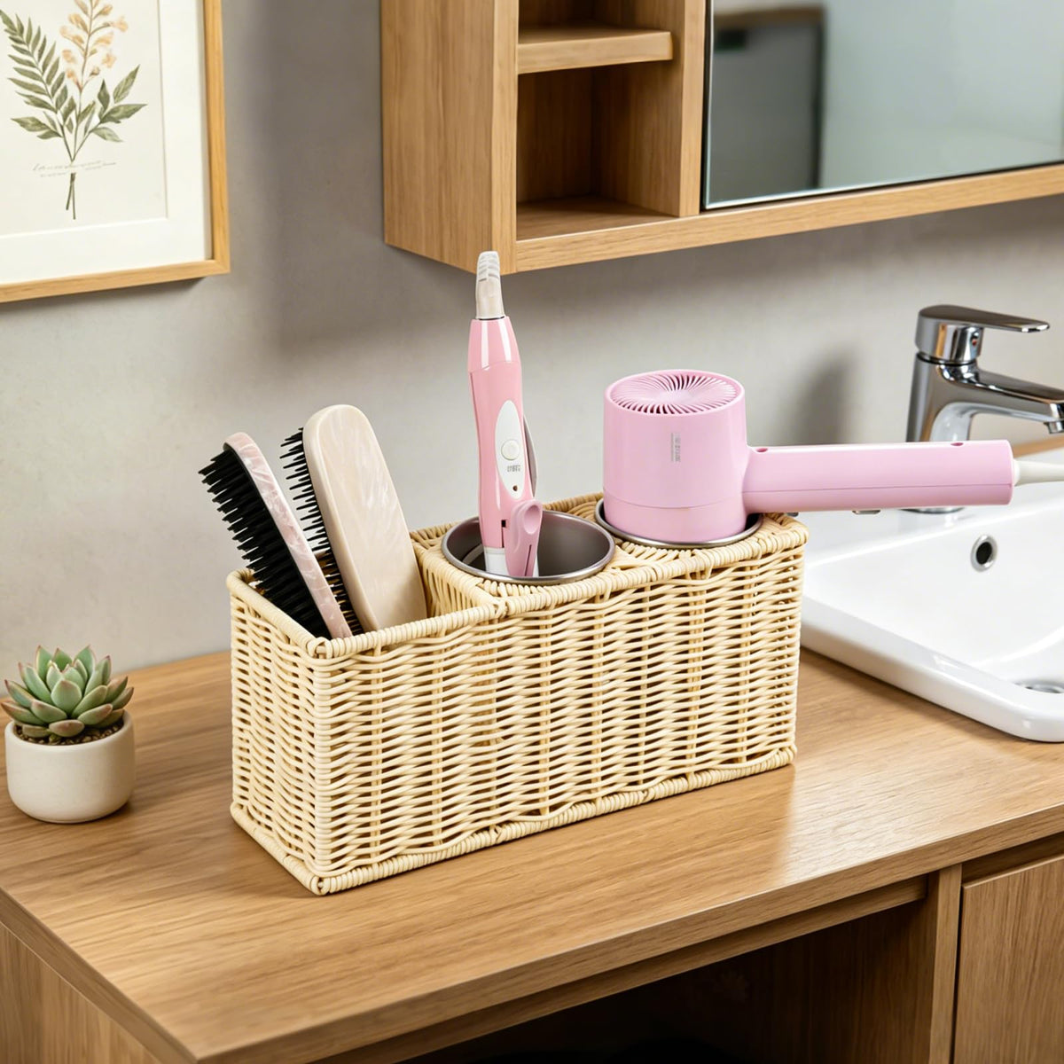 Hair Tool Organizer,Wall Mount Curling Iron Holder,Waterproof Wicker Hot Tools Organizer for Hair Dryer,Flat Irons,Curling Wands,Straighteners Storage,in Cabinet,Bathroom,Vanity (Black)