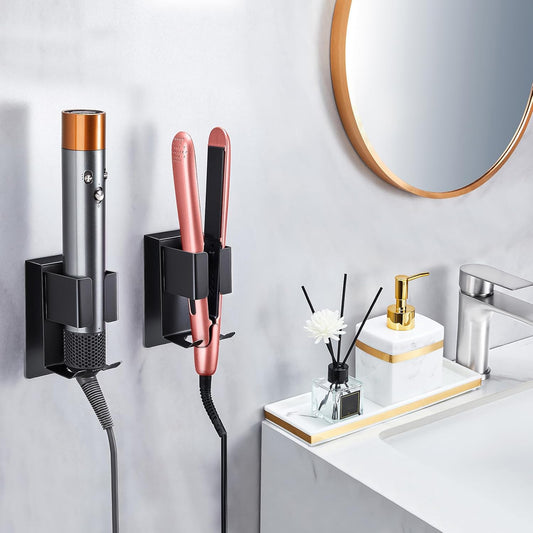 Curling Iron Holder Wall Mount, Hair Straightener Holder, Adhesive Hair Tool Organizer Storage for Styler Attachments, Flat Iron, Blow Dryer Holder for Bathroom Vanity (Black, 1Pc)