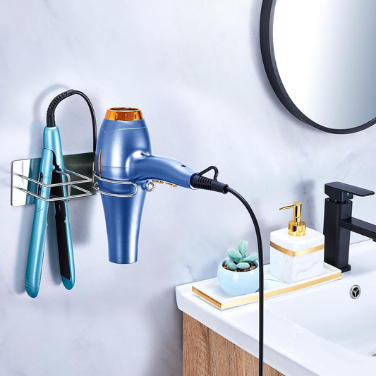 Blow Dryer and Straightener Holder, Metal Hair Dryer Holder Wall Mounted, No Drill Self Adhesive Hair Tool Organizer for Flat Iron, Hairdryer Holder for Bathroom Salon Vanity (Silver)