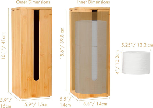 GOBAM Bamboo Toilet Paper Storage - Fits 3 Mega Toilet Paper, Bathroom Organizer, Toilet Paper Holder Stand, Bamboo Bathroom Accessories - Natural, 5.9 x 5.9 x 16.1 inches
