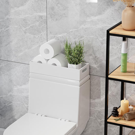 Tank Bamboo Bathroom Tray, Back Toilet Paper Holder Basket Storage, White