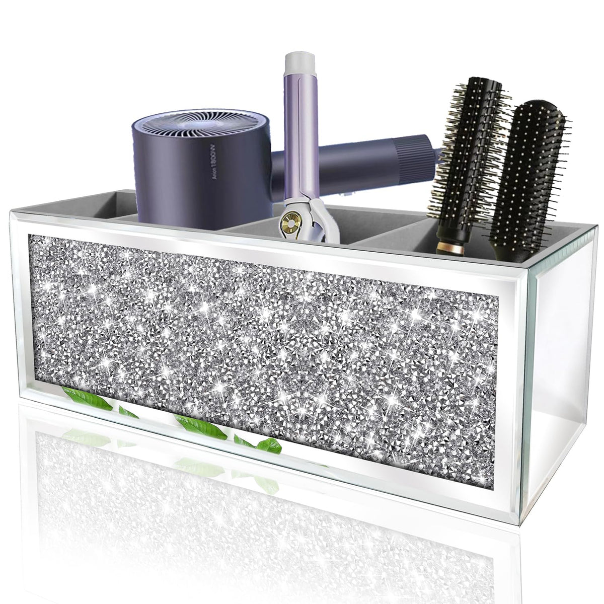 Mirror Hair Dryer Holder. Crystal Crush Diamond Hair Tool Organizer Wall Mount. Silver Bathroom Cabinet Tray for Blow Dryers, Hairdryer Straightener, Brushes and Combs.(10.5”x4”x5”)