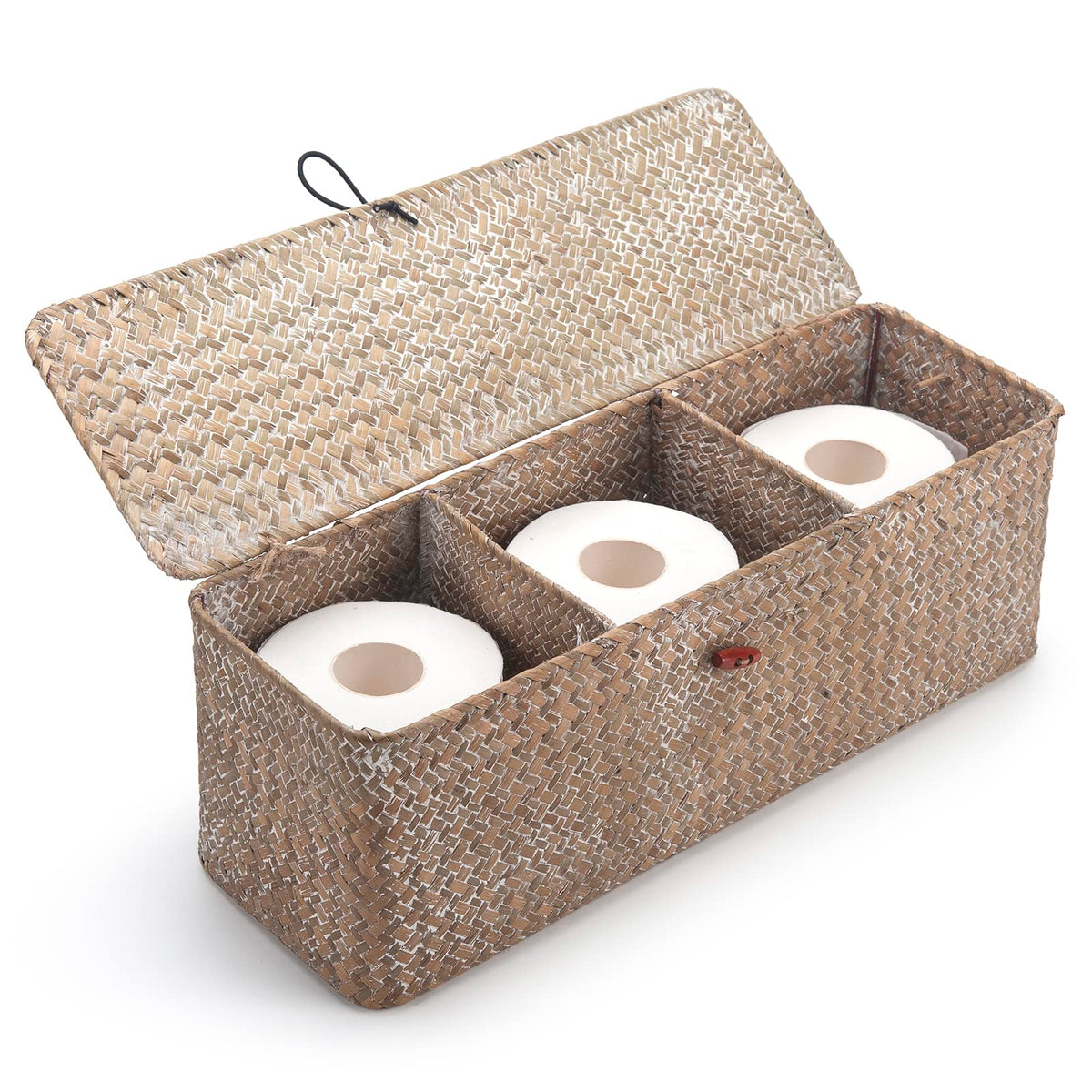 Seagrass Tank Basket with Lid Woven Toilet Roll Storage Basket with Sections Rectangular for Organize Snack Toys Tampon (Large Compartment 16.5inch L x 5.5inch W x 5.5inch H) Natural