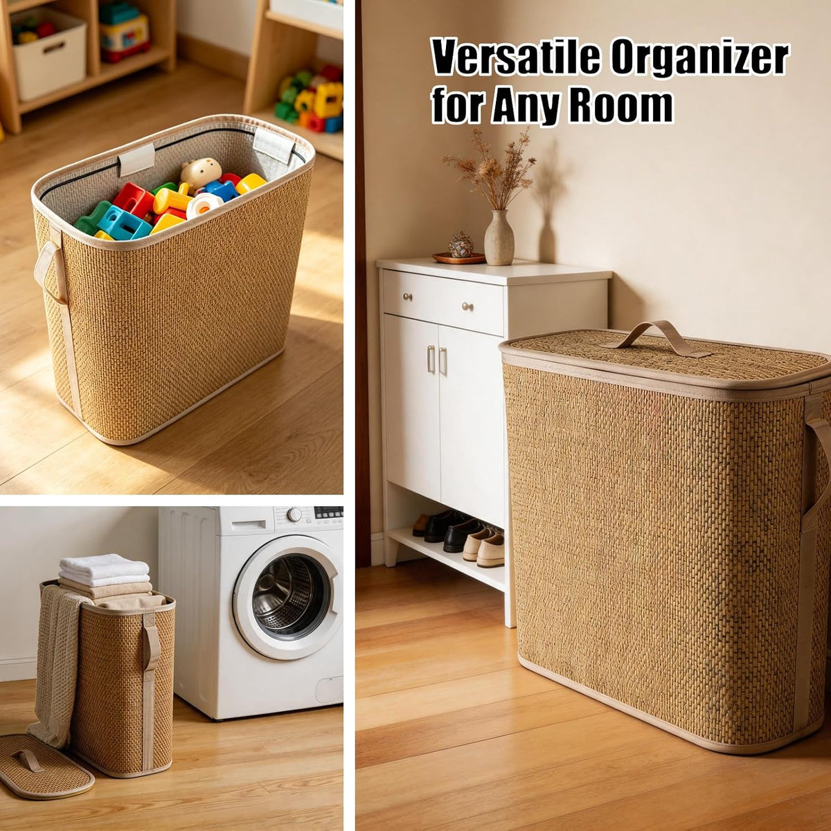Bamboo Toilet Paper Storage Basket with Lid & Handle, 32L Large Capacity