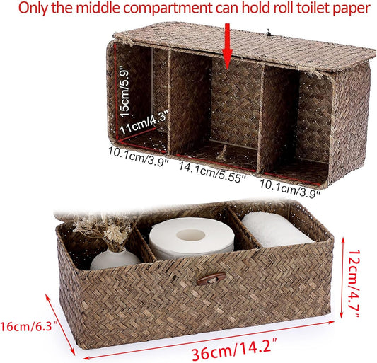 Hipiwe 3 Sections Toilet Tank Paper Basket with Lid Wicker Bathroom Basket