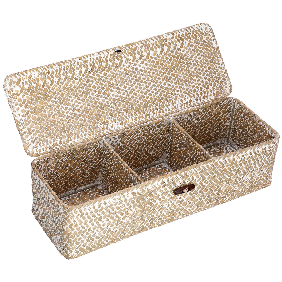 Hipiwe Seagrass Storage Basket Bin 3 Sections Hand-Woven Wicker Baskets with Lid Bathroom Basket Toilet Tank Baskets Holder for Organize Snack Tissue, Whitewash