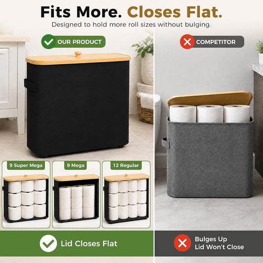 Premium Waterproof Toilet Paper Storage Box with Bamboo Lid - Fits 9 Mega Rolls, 900D Heavy-Duty Fabric Bathroom Organizer Bin with Elevated Base & Handles for Narrow Spaces (17.3"x 6.9"x 15.5")