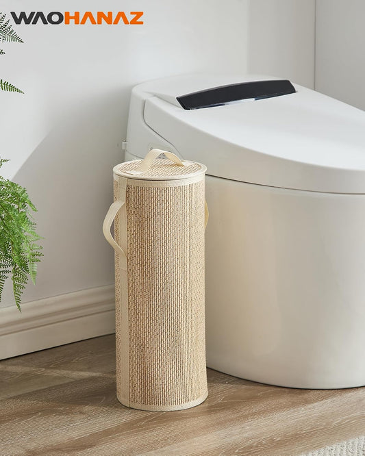 Bamboo Toilet Paper Storage Basket with Lid & Handle - 10L Handwoven Bathroom Organizer for 4 Rolls - Sturdy Stand Holder for Toilet Paper Organization, Light Natural
