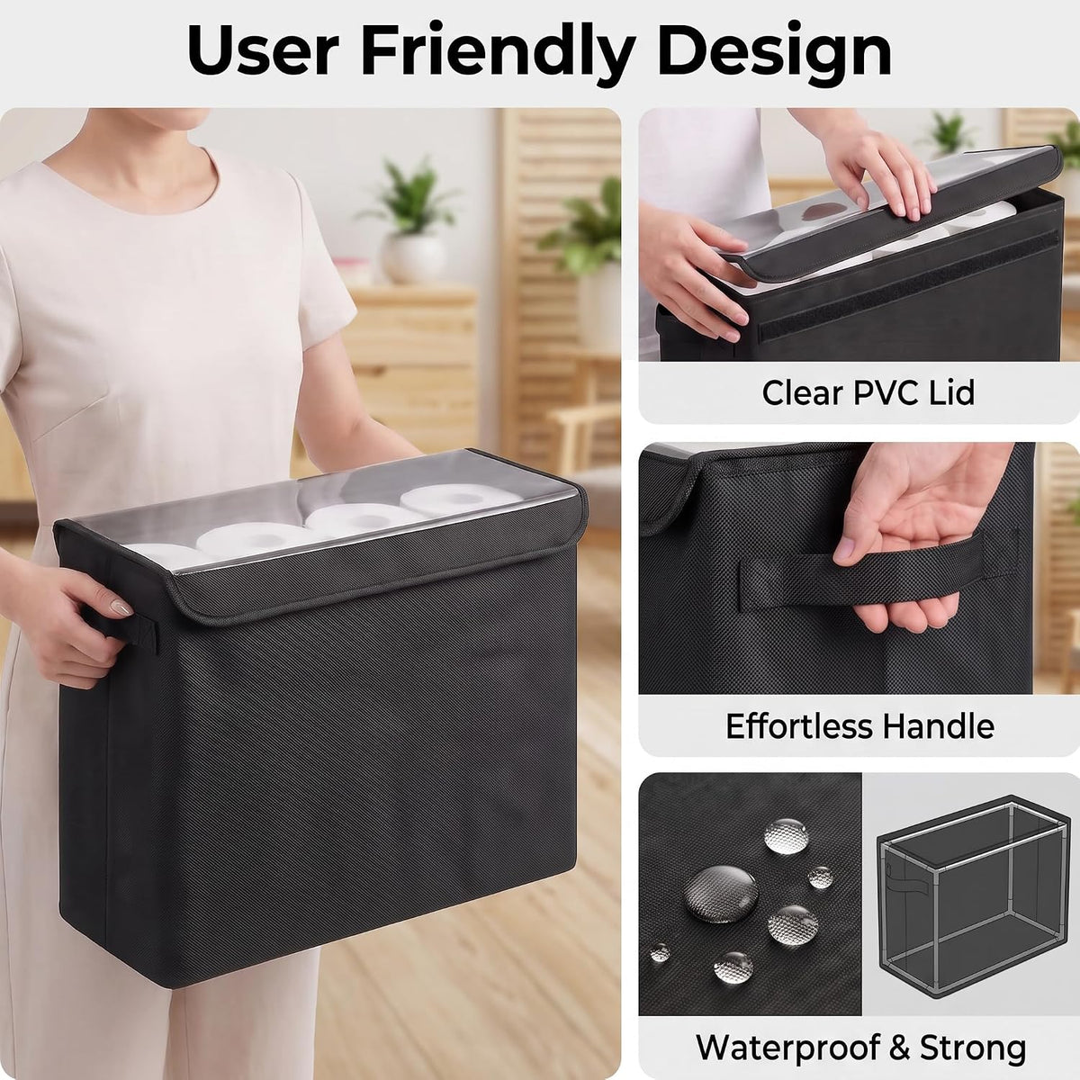 Cupic Cupid Bathroom Toilet Paper Storage - Toilet Paper Baskets with Lid Holds 9-12 Rolls, Extra Covered Slim Tissue Holder Cabinet, Narrow Container Bin Organizer Box Black