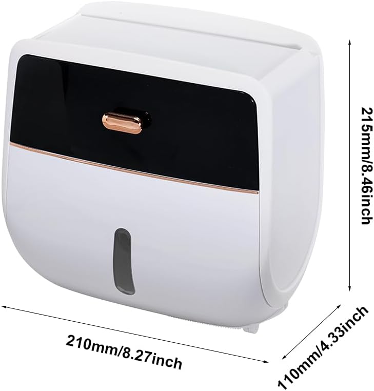 Toilet Paper Holder Wall Mount, Self Adhesive Paper Towels Holder with Drawer and Shelf Watertight Tissue Dispenser Semi-Auto Switch Toilet Tissue Roll Holders for Bathroom(Black)