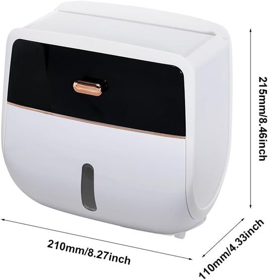 Toilet Paper Holder Wall Mount, Self Adhesive Paper Towels Holder with Drawer and Shelf Watertight Tissue Dispenser Semi-Auto Switch Toilet Tissue Roll Holders for Bathroom(Black)