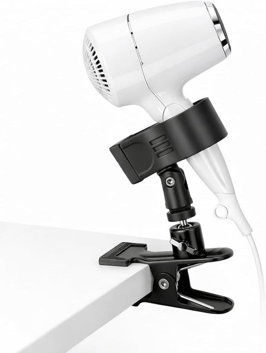 360 Degree Rotating Hands Free Hair Dryer Holder Sturdy Metal Base and Strong Clamp Adjustable and Flexible Blow Dryer Stand for Easy Styling Stable and Easy Installation