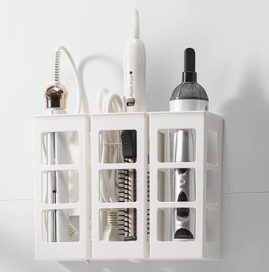 Hair Tool Organizer Wall Mount, Curling Iron Holder & Flat Iron Holder, Self Adhesive Hair Dryer Holder for Bathroom, No Drilling Styling Tool Storage Rack for Vanity, Salon Hair Care Tools Holder (White,1 Pack)