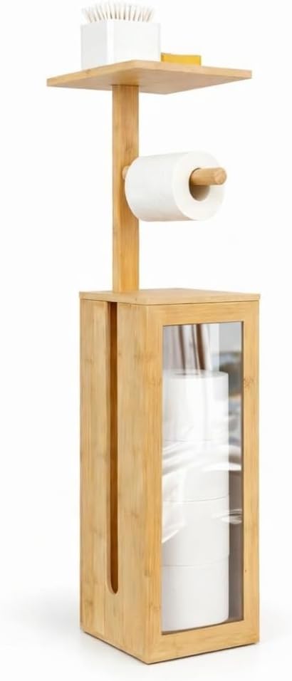 Toilet Paper Holder Stand - Storage Stand,Holds 3 Rolls Toilet Paper Storage with Lid,with Free Standing Toilet Paper Holder and Top Shelf for Kitchen, Pantry,Toilet and Bathroom (Natural Bamboo)
